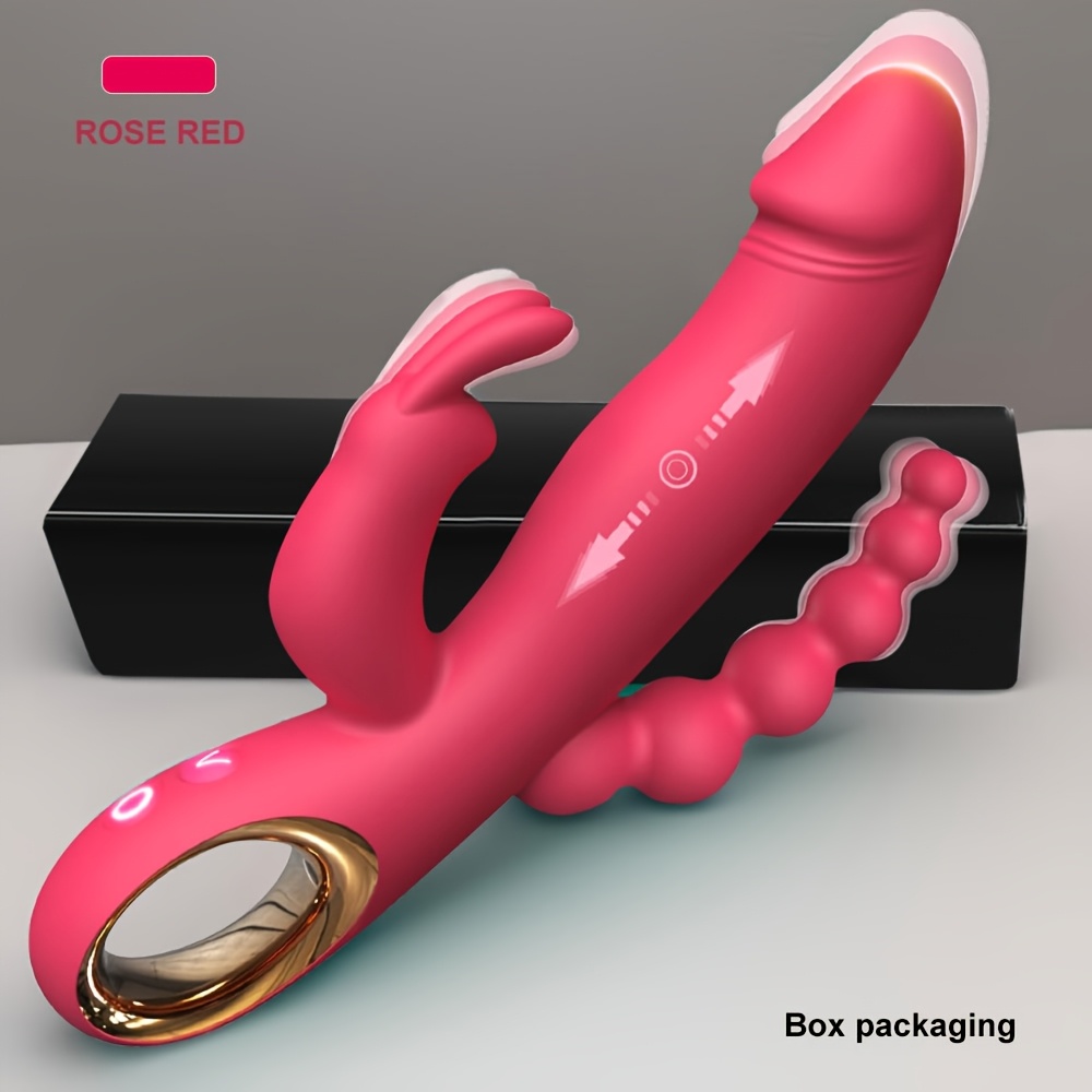 10 Vibrating Modes Silicone Thrusting Dildo Rabbit Vibrator - Rose red + box